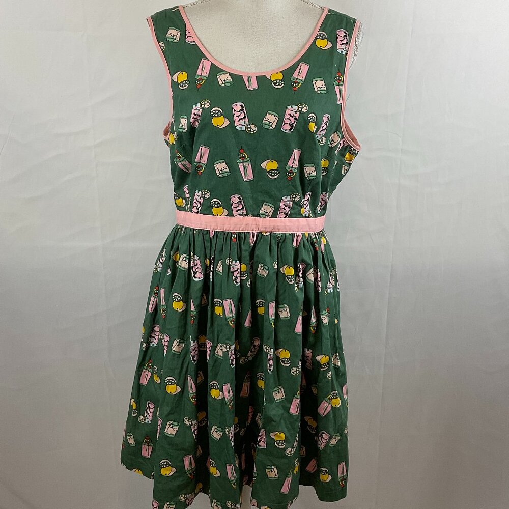 ModCloth Dress Green Pink Trim yellow Summer Fruit Drinks Sleeveless